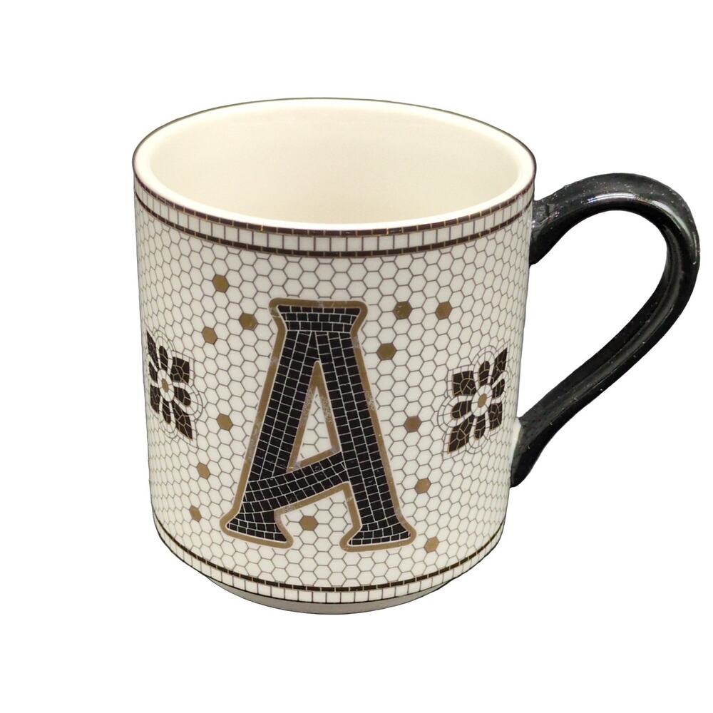 Anthropologie Monogram A Coffee Mug White Black Gold Mosaic Art Deco 15oz Cup